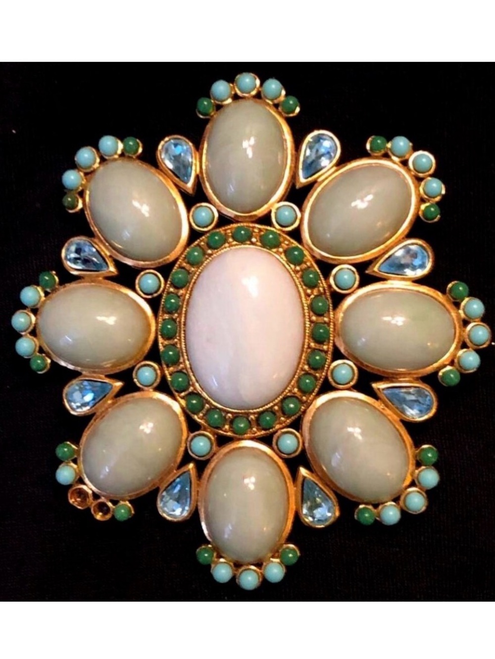 Vintage LEE ANGEL NY Art Glass Brass Medallion Brooch 3" Green\Blue